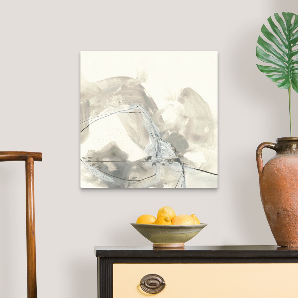 A traditional room featuring Contemporary abstract art print in neutral grey and white.