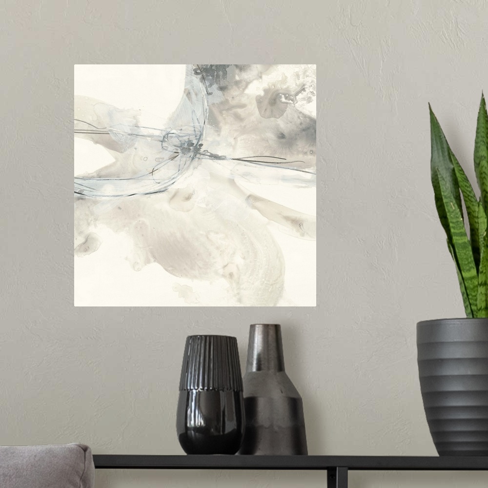 A modern room featuring Contemporary abstract art print in neutral grey and white.