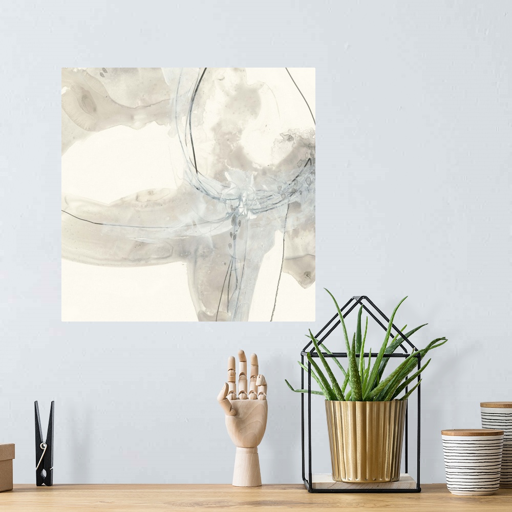 A bohemian room featuring Contemporary abstract art print in neutral grey and white.