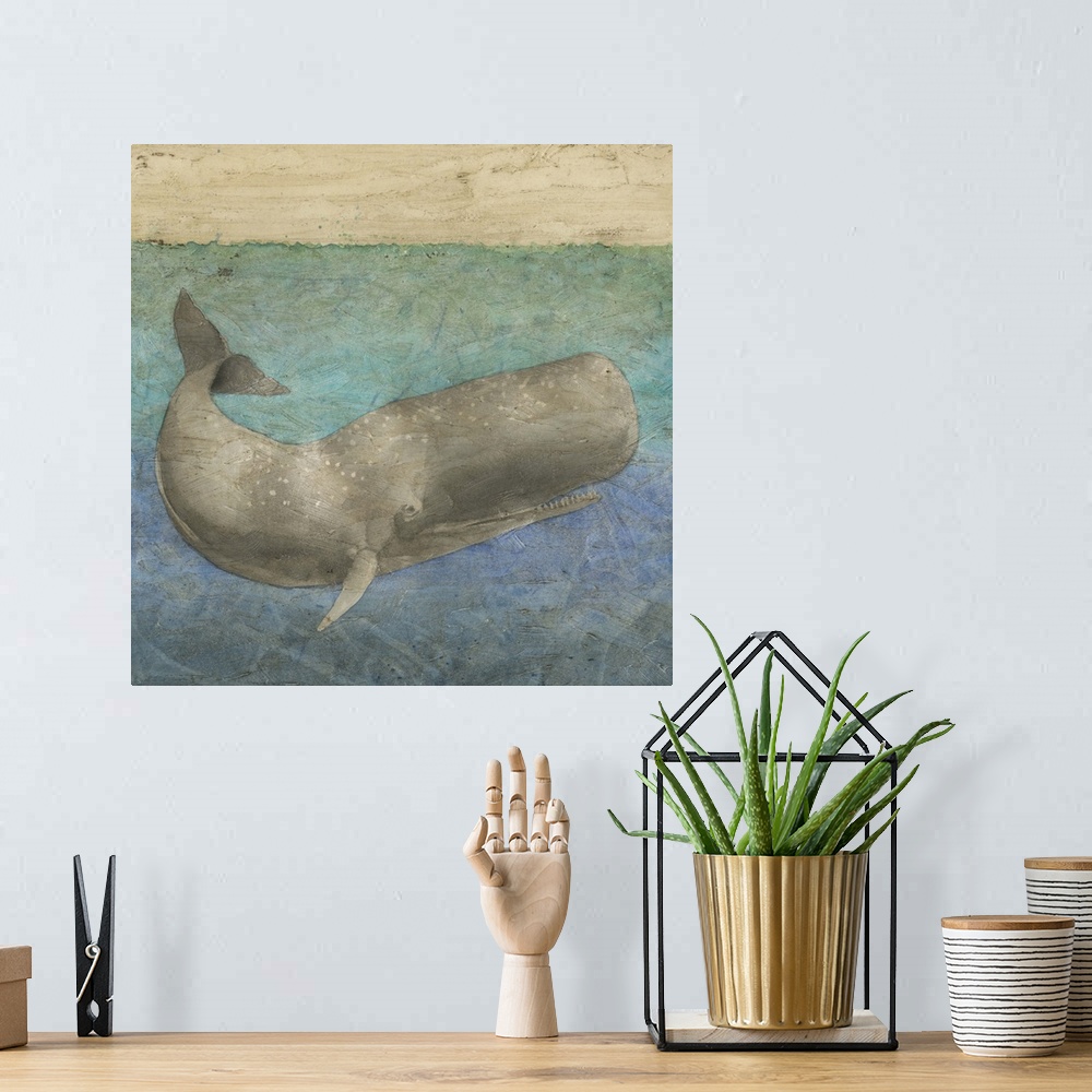 A bohemian room featuring Contemporary painting of a whale below the surface of the water.