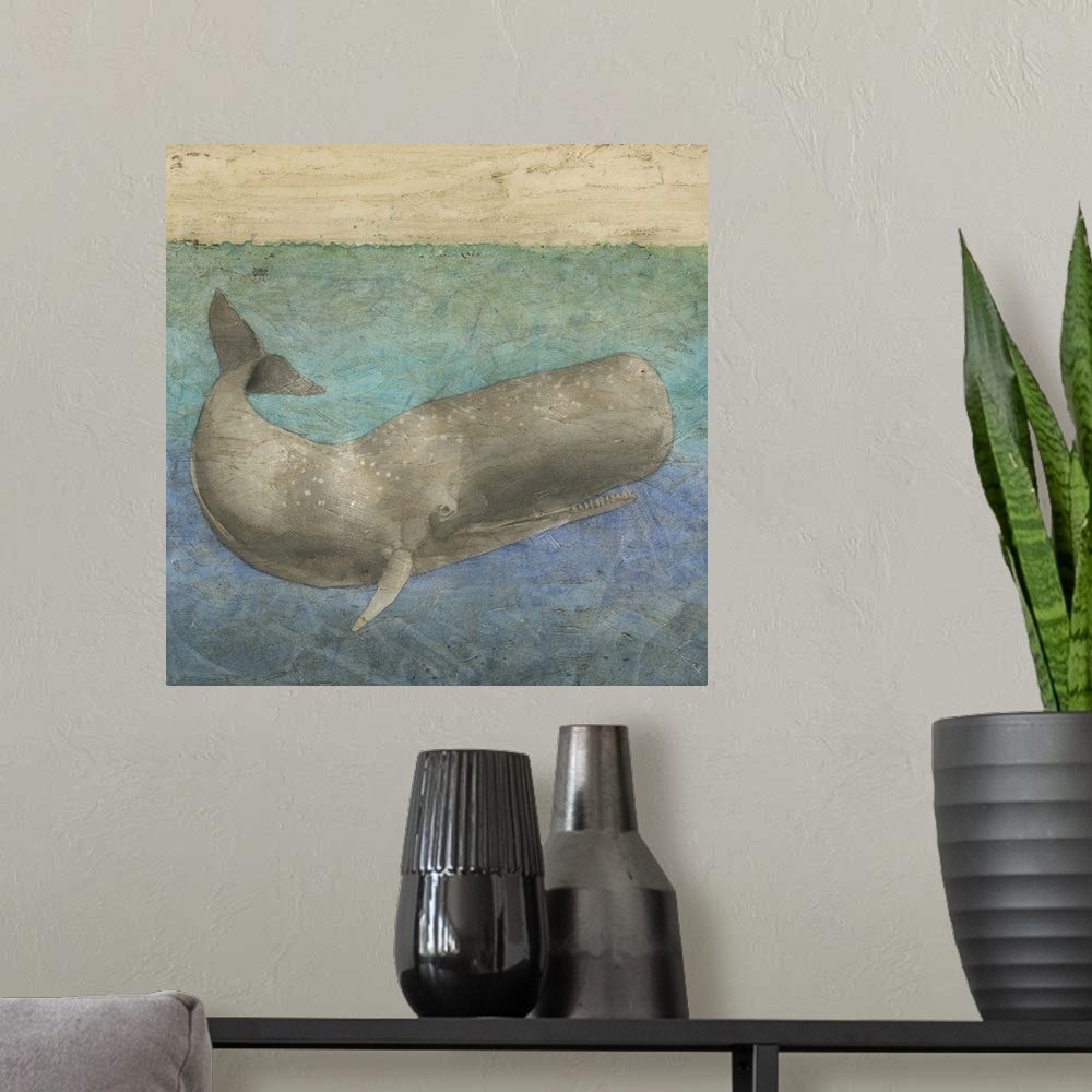 A modern room featuring Contemporary painting of a whale below the surface of the water.
