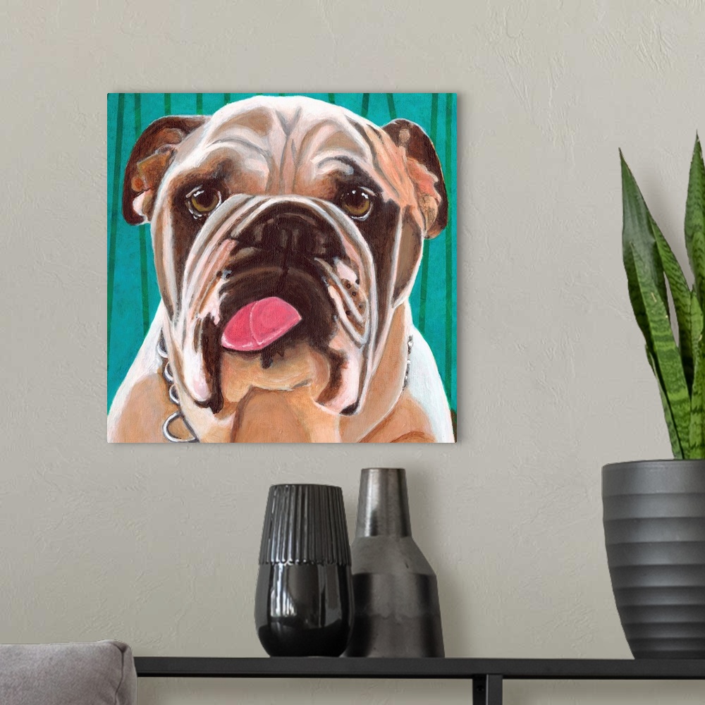 A modern room featuring Fun and contemporary painting of a dog against a patterned background.