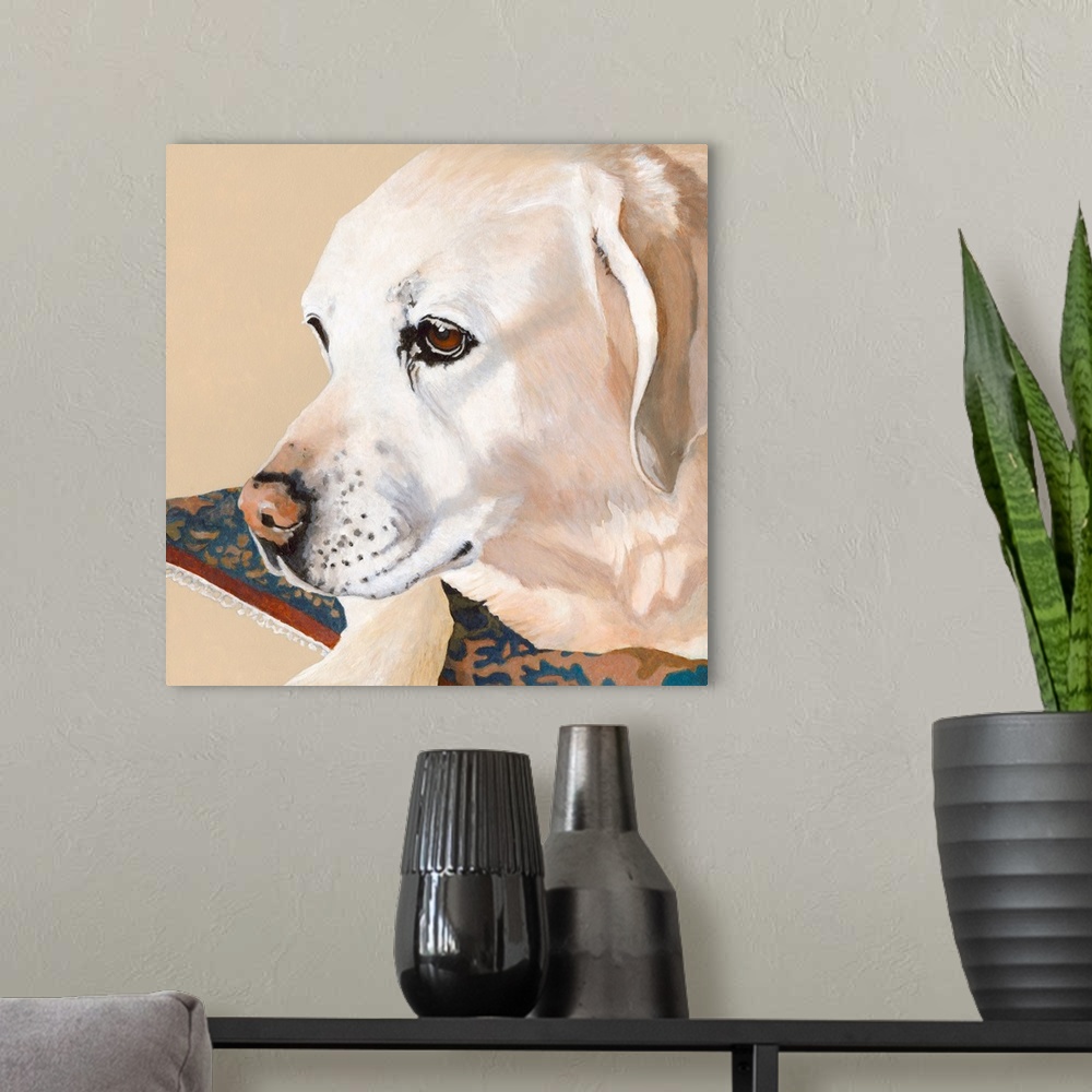A modern room featuring Fun and contemporary painting of a dog against a patterned background.