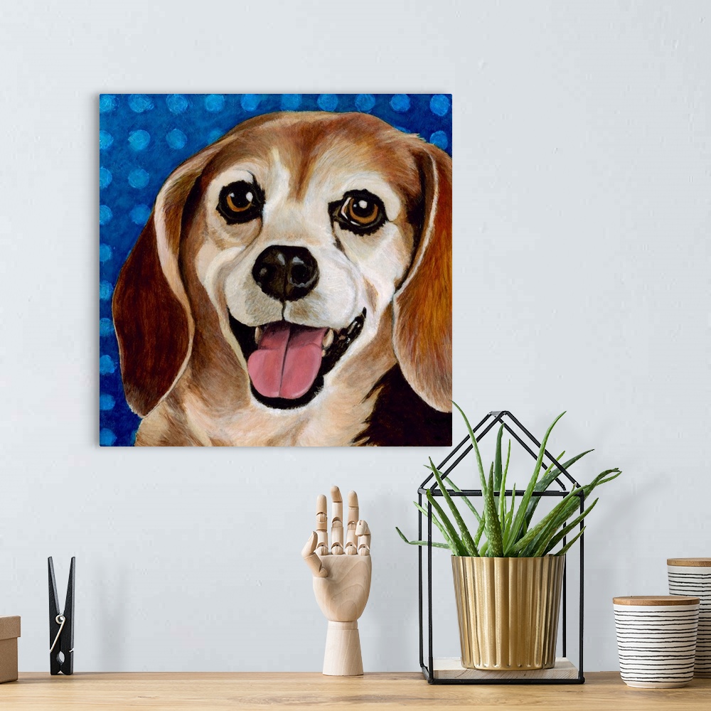 A bohemian room featuring Fun and contemporary painting of a dog against a patterned background.