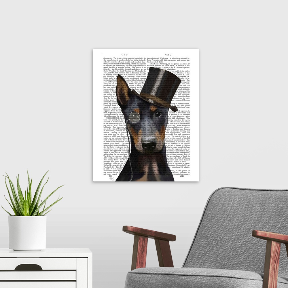 A modern room featuring Doberman, Formal Hound and Hat