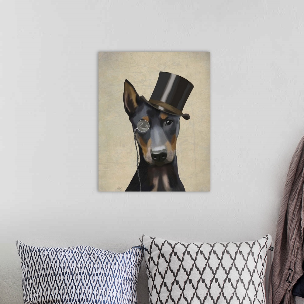 A bohemian room featuring A sharp-dressed doberman wearing a monocle and top hat.