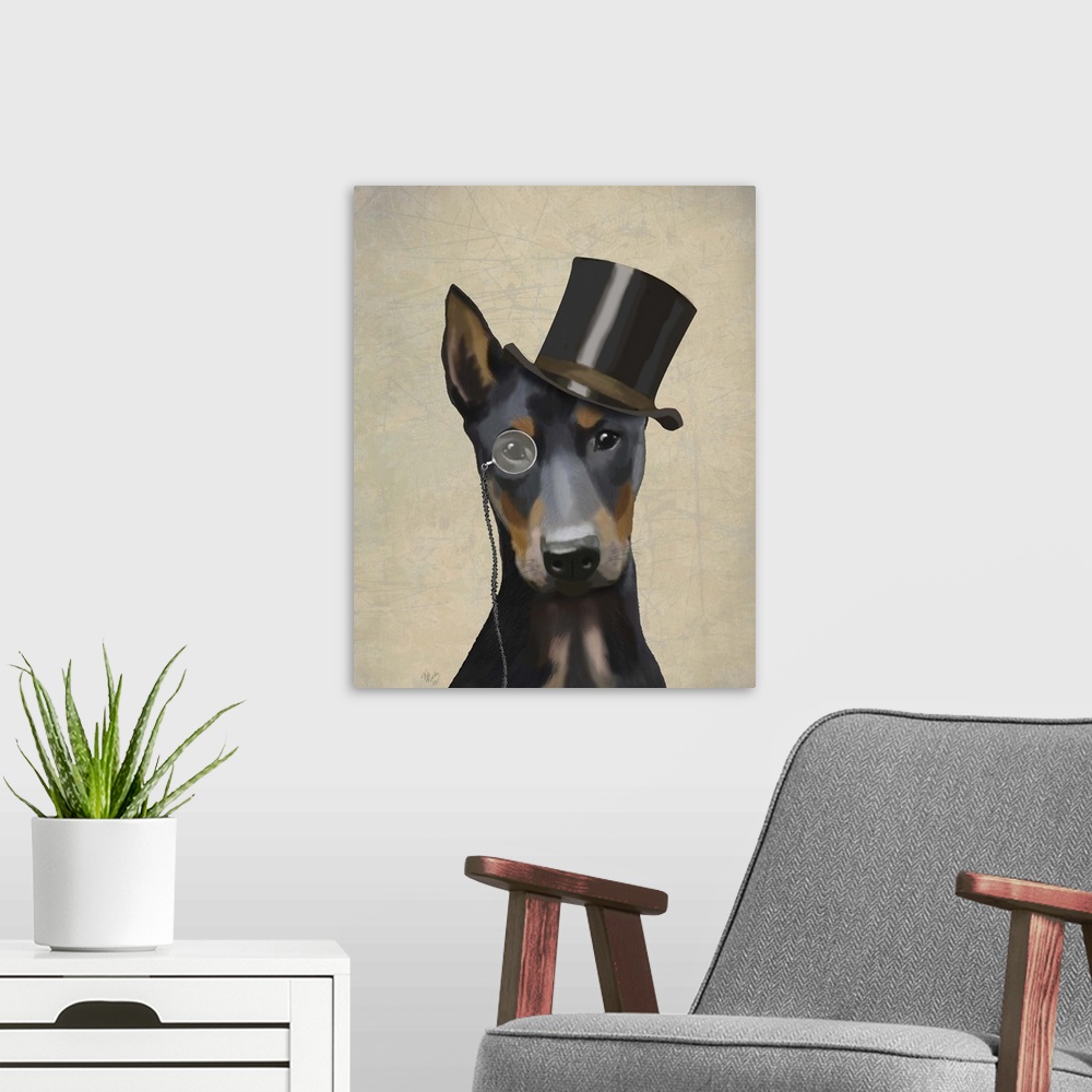 A modern room featuring A sharp-dressed doberman wearing a monocle and top hat.