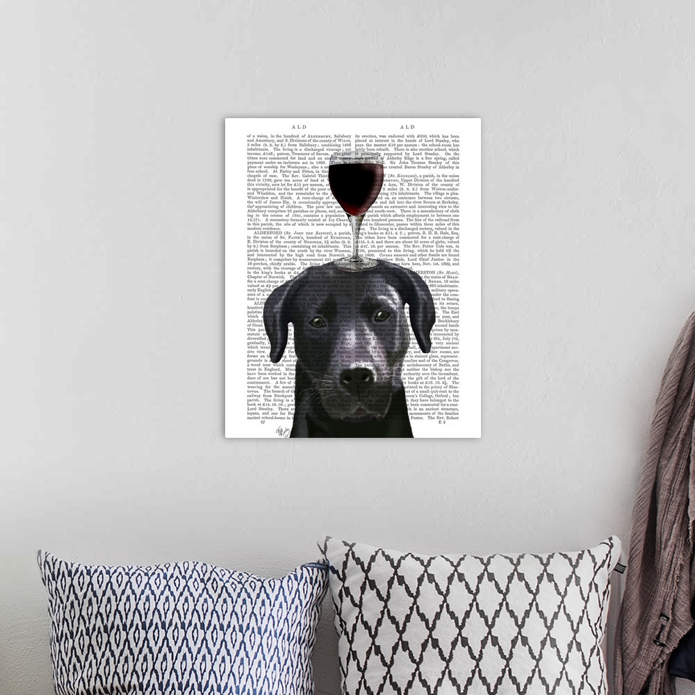 A bohemian room featuring Decorative art with a Black Lab balancing a glass of red wine on its head painted on the page of ...