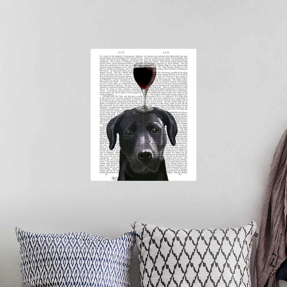 A bohemian room featuring Decorative art with a Black Lab balancing a glass of red wine on its head painted on the page of ...