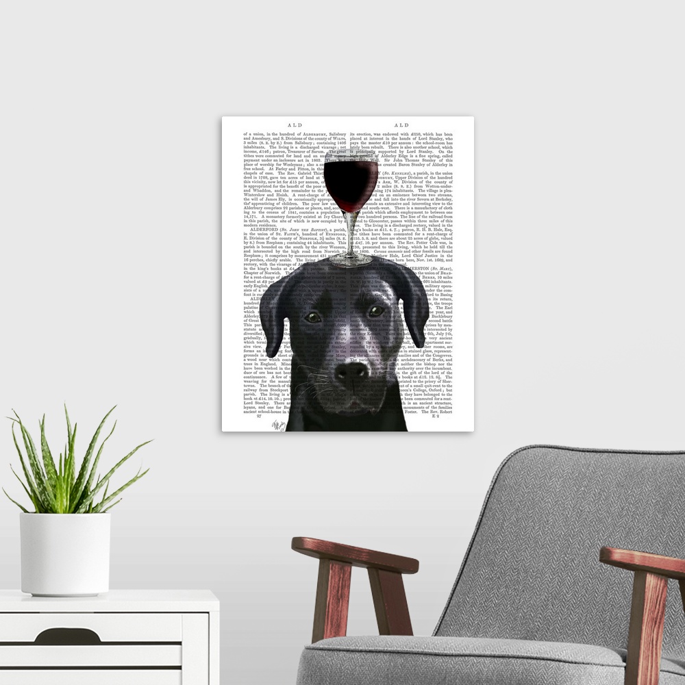 A modern room featuring Decorative art with a Black Lab balancing a glass of red wine on its head painted on the page of ...
