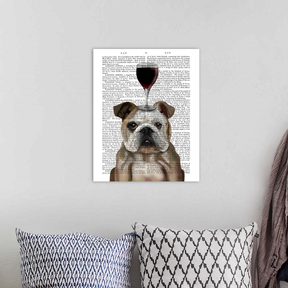 A bohemian room featuring Decorative art with an English Bulldog balancing a glass of red wine on its head painted on the p...