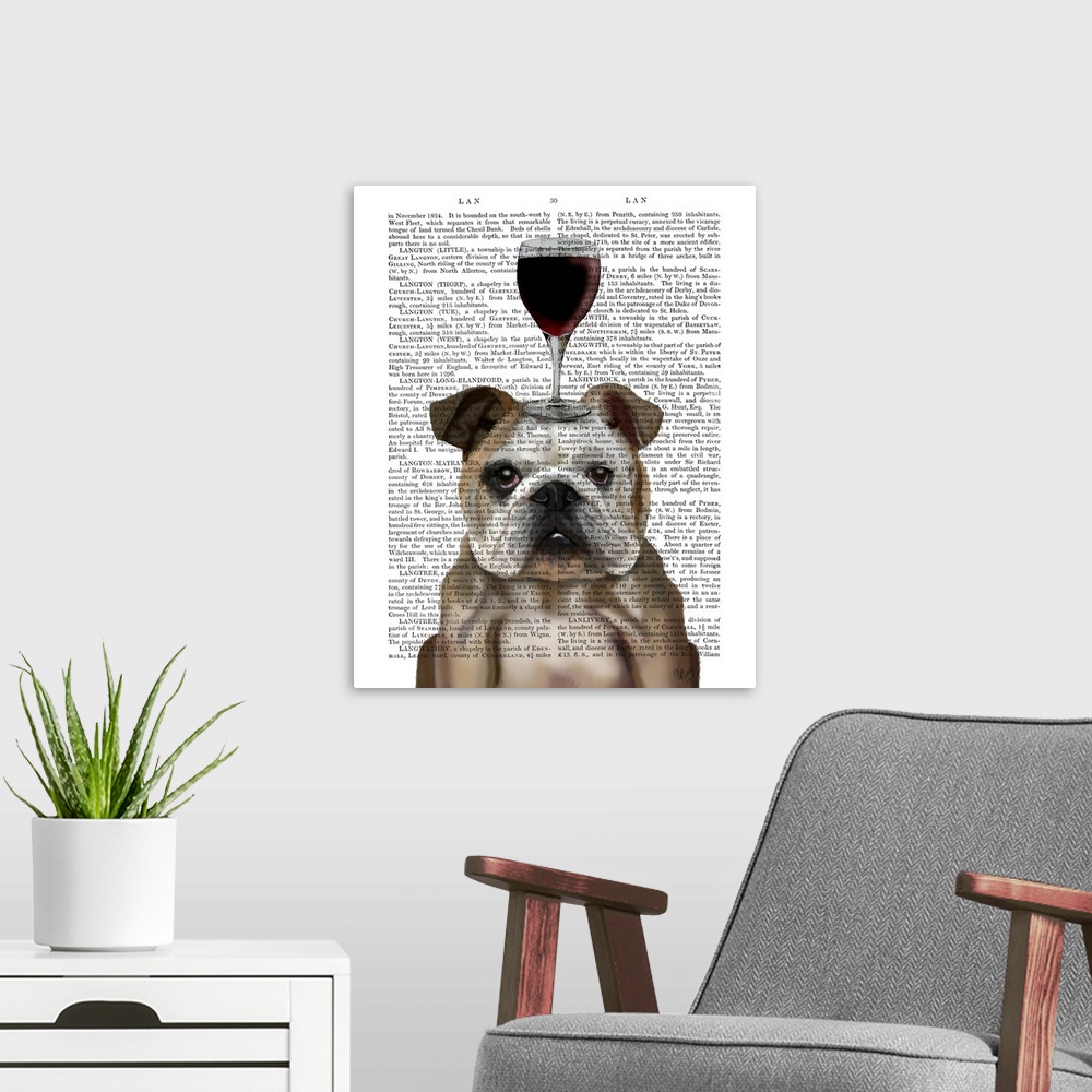 A modern room featuring Decorative art with an English Bulldog balancing a glass of red wine on its head painted on the p...