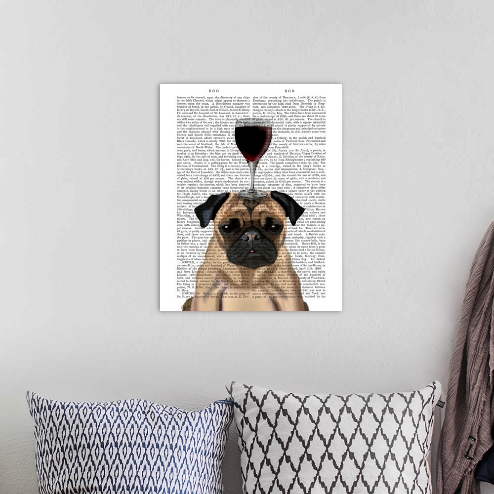 A bohemian room featuring Decorative art with a Pug balancing a glass of red wine on its head painted on the page of a book.