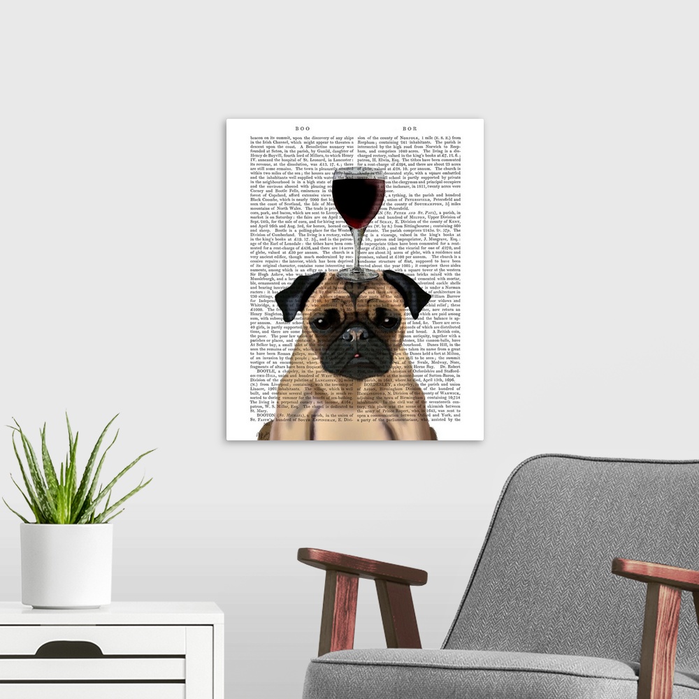A modern room featuring Decorative art with a Pug balancing a glass of red wine on its head painted on the page of a book.