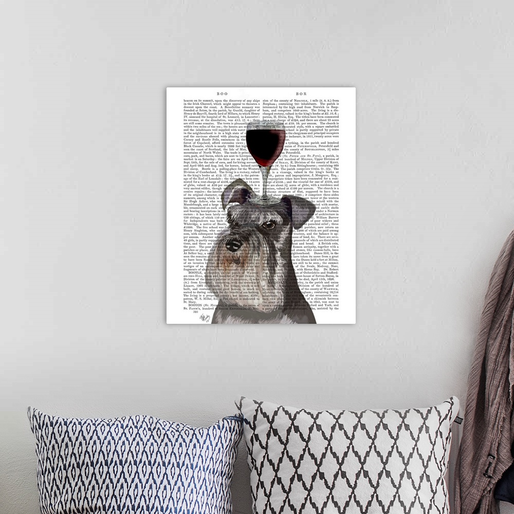 A bohemian room featuring Decorative art with a Schnauzer balancing a glass of red wine on its head painted on the page of ...