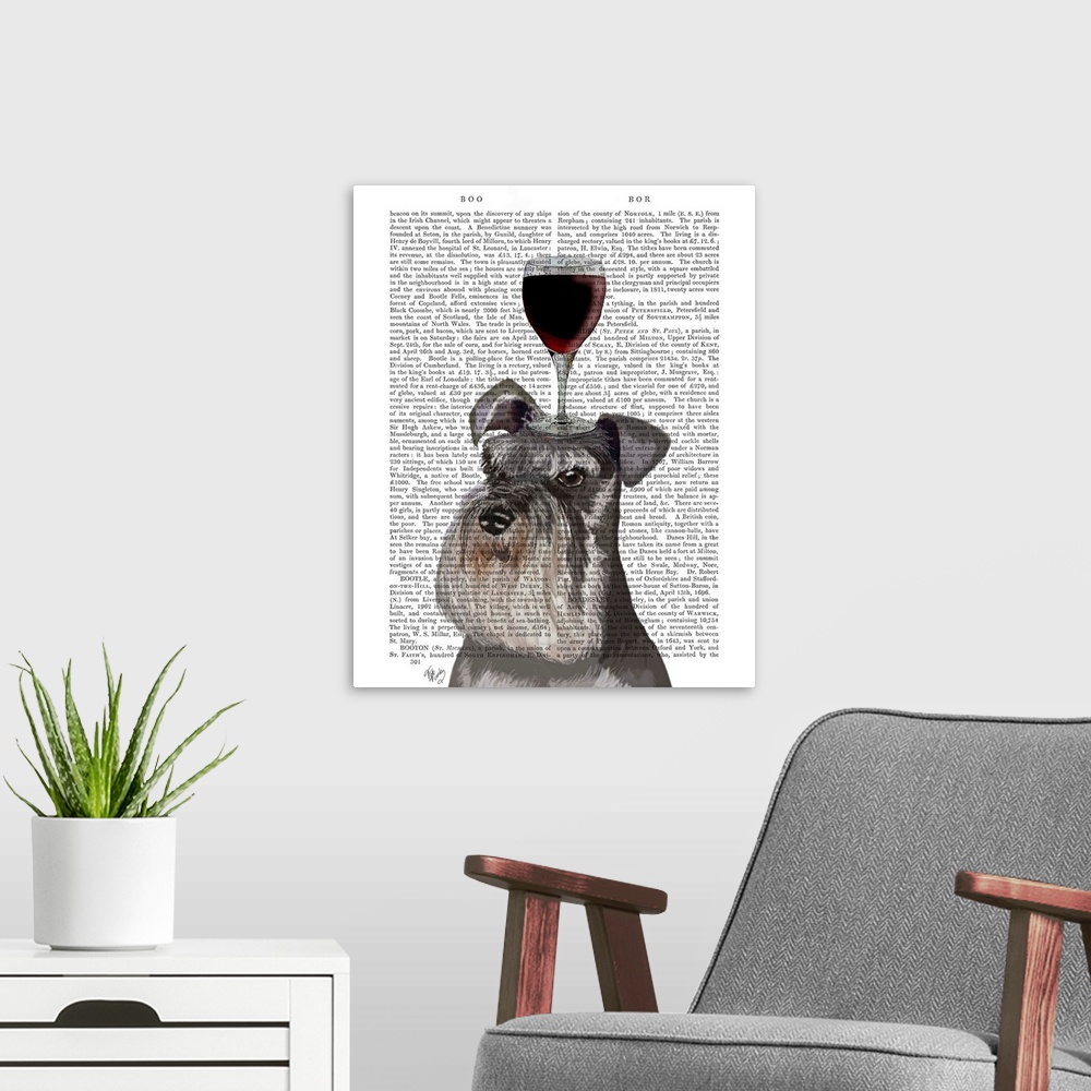 A modern room featuring Decorative art with a Schnauzer balancing a glass of red wine on its head painted on the page of ...