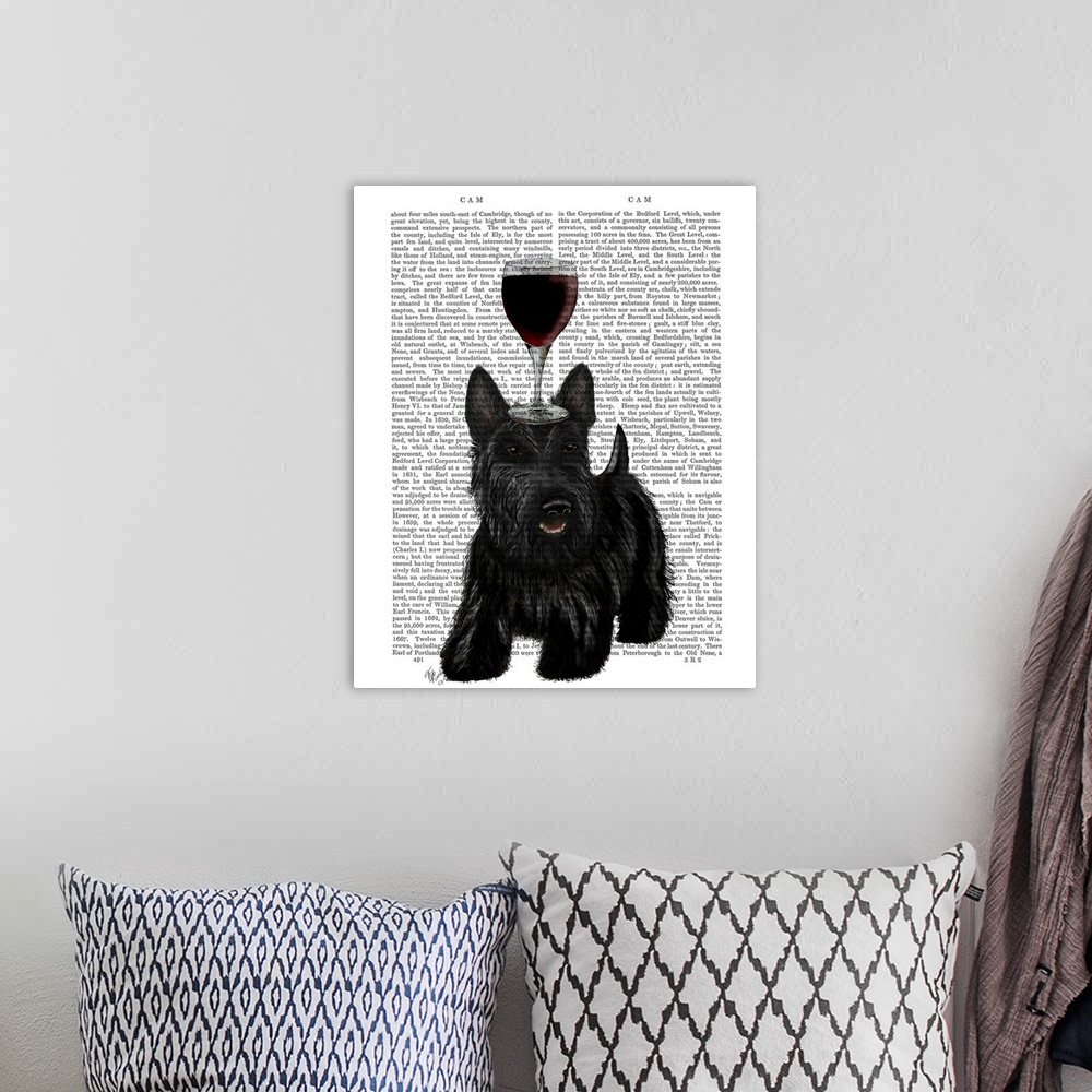A bohemian room featuring Decorative art with a Scottish Terrier balancing a glass of red wine on its head painted on the p...