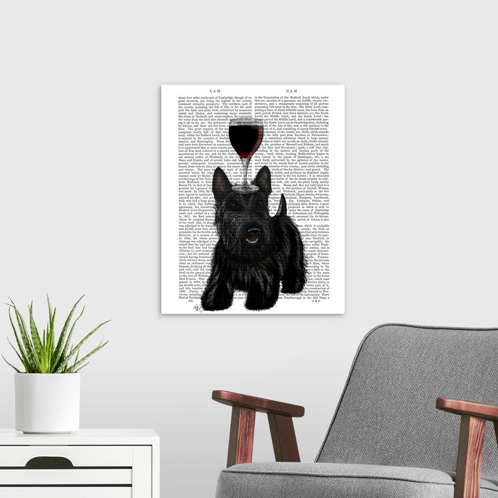 A modern room featuring Decorative art with a Scottish Terrier balancing a glass of red wine on its head painted on the p...