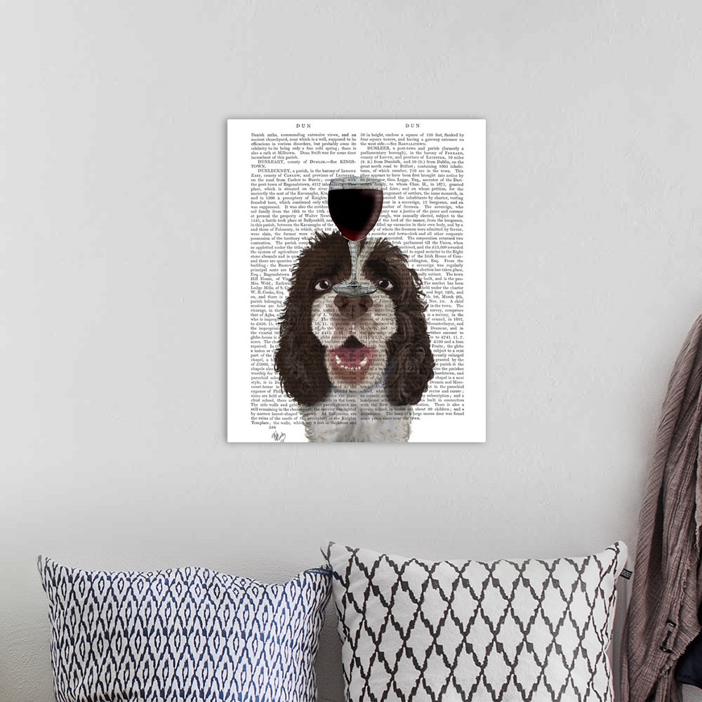 A bohemian room featuring Decorative art with a Springer Spaniel balancing a glass of red wine on its head painted on the p...