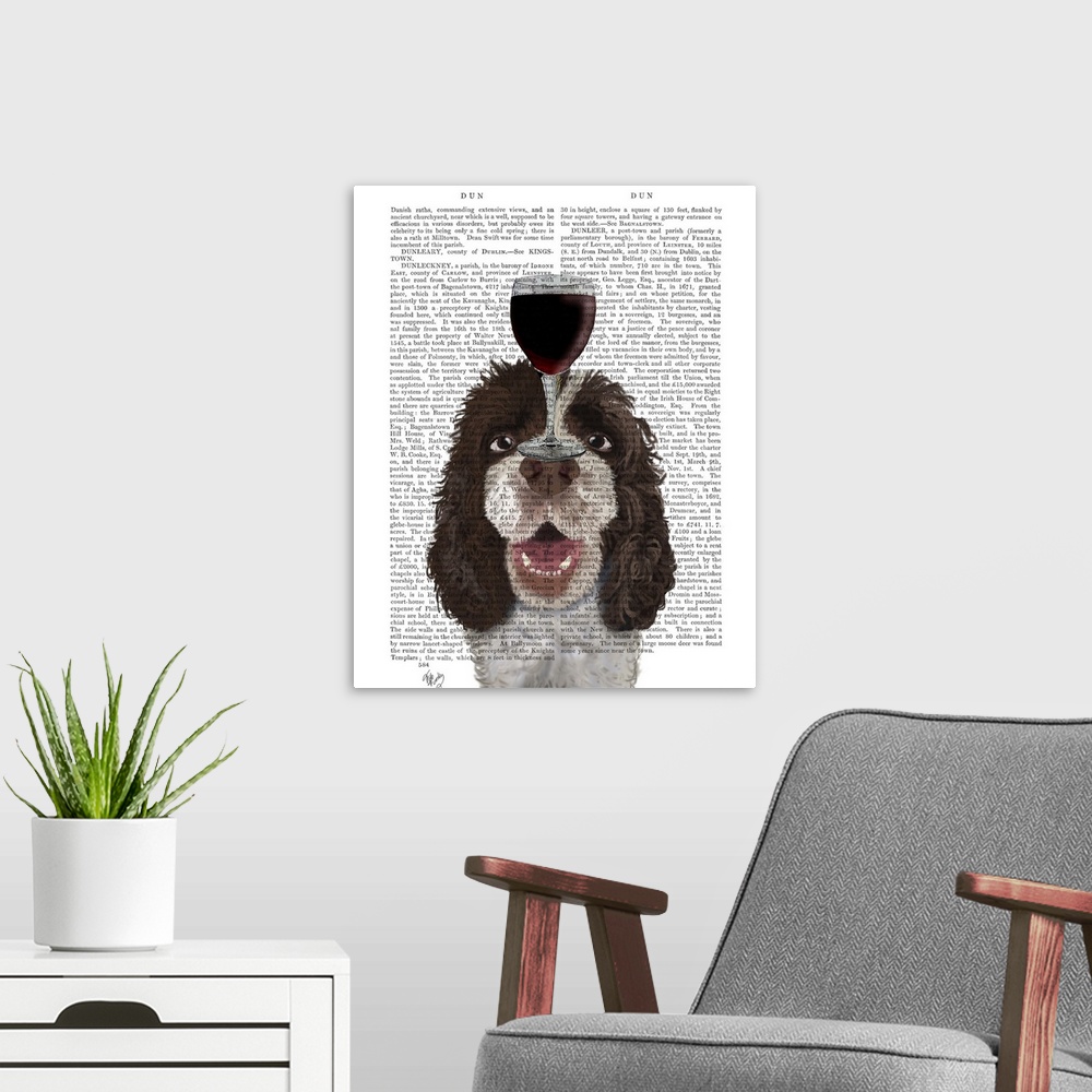 A modern room featuring Decorative art with a Springer Spaniel balancing a glass of red wine on its head painted on the p...