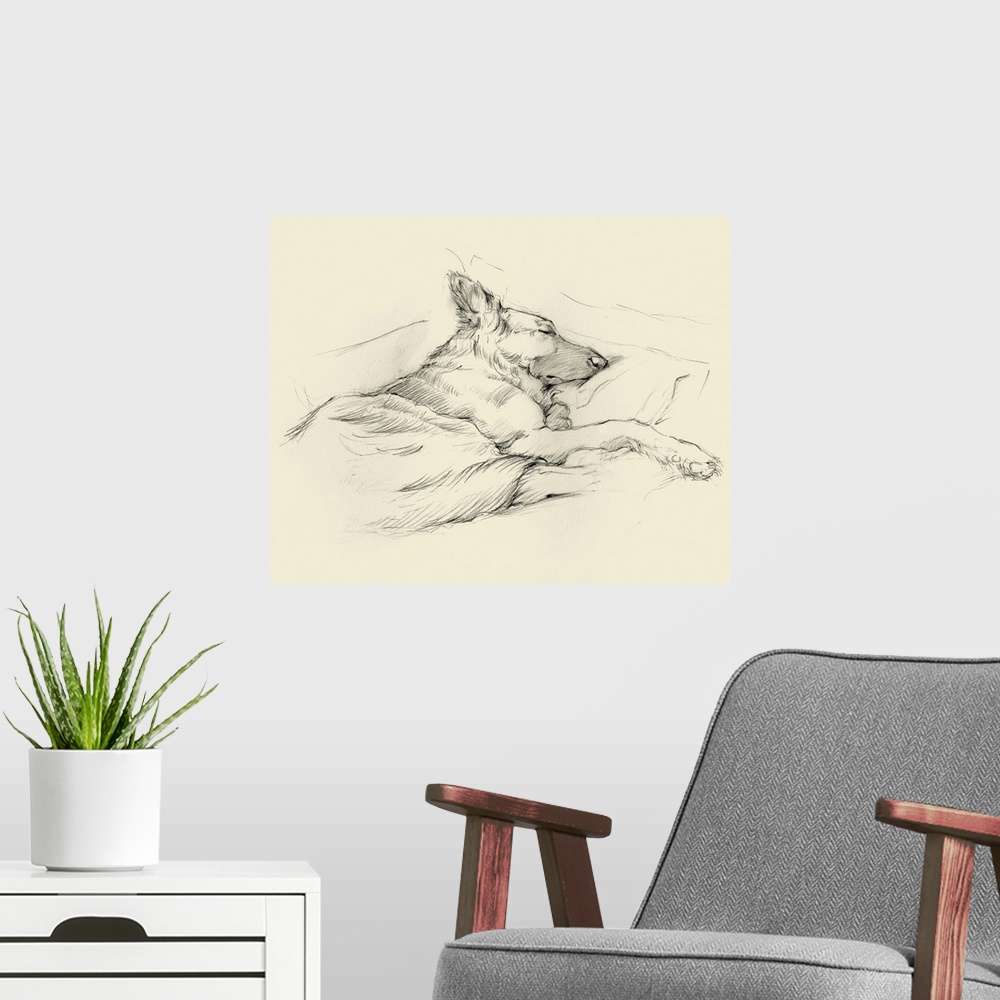 A modern room featuring Pencil drawing of a dog sleeping deeply on a couch.