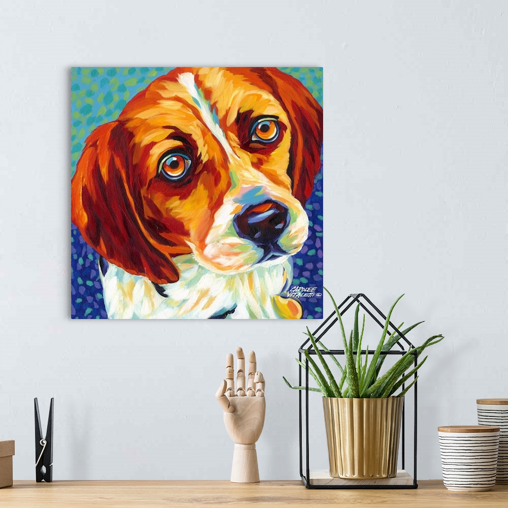 A bohemian room featuring Contemporary painting of a beagle dog looking up.