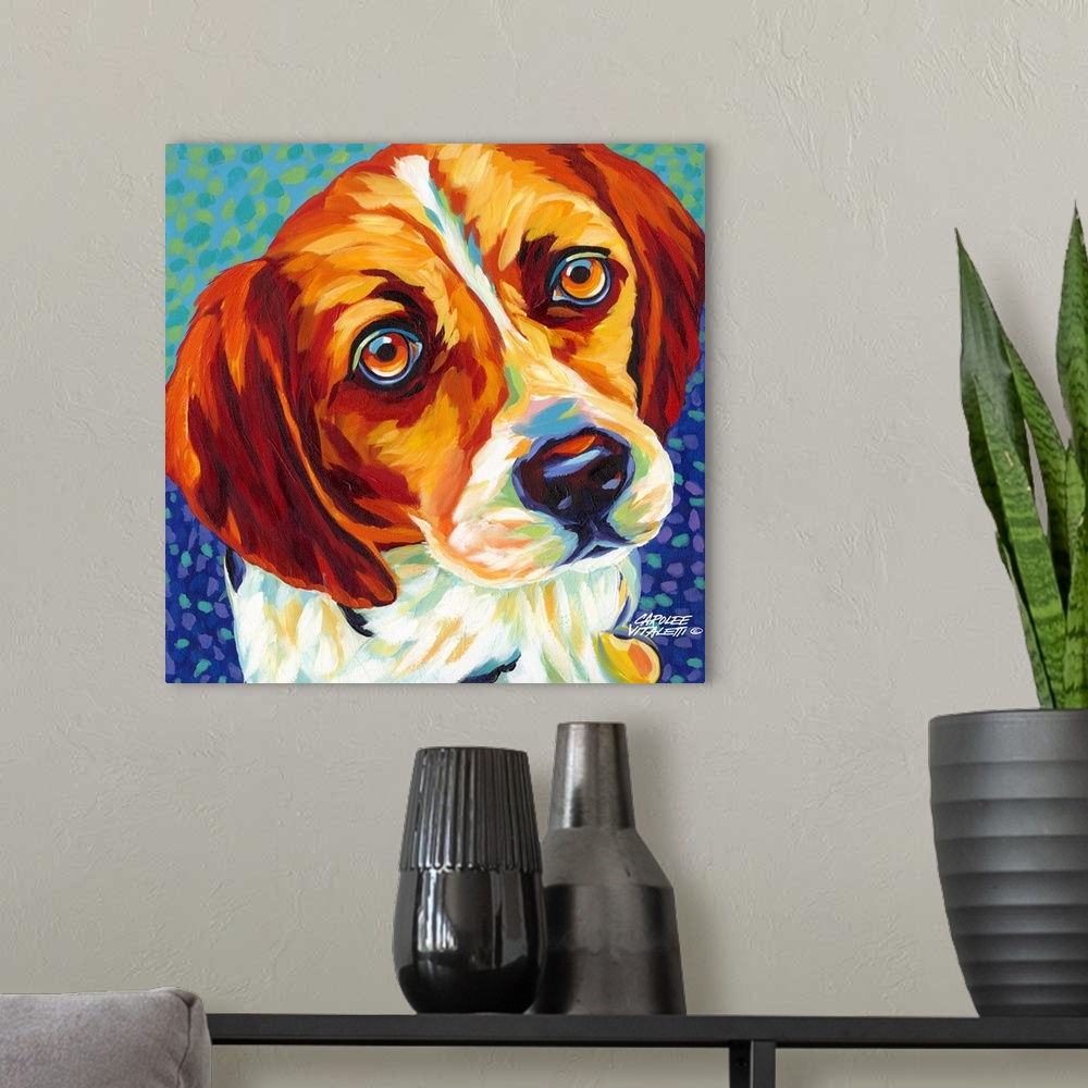 A modern room featuring Contemporary painting of a beagle dog looking up.