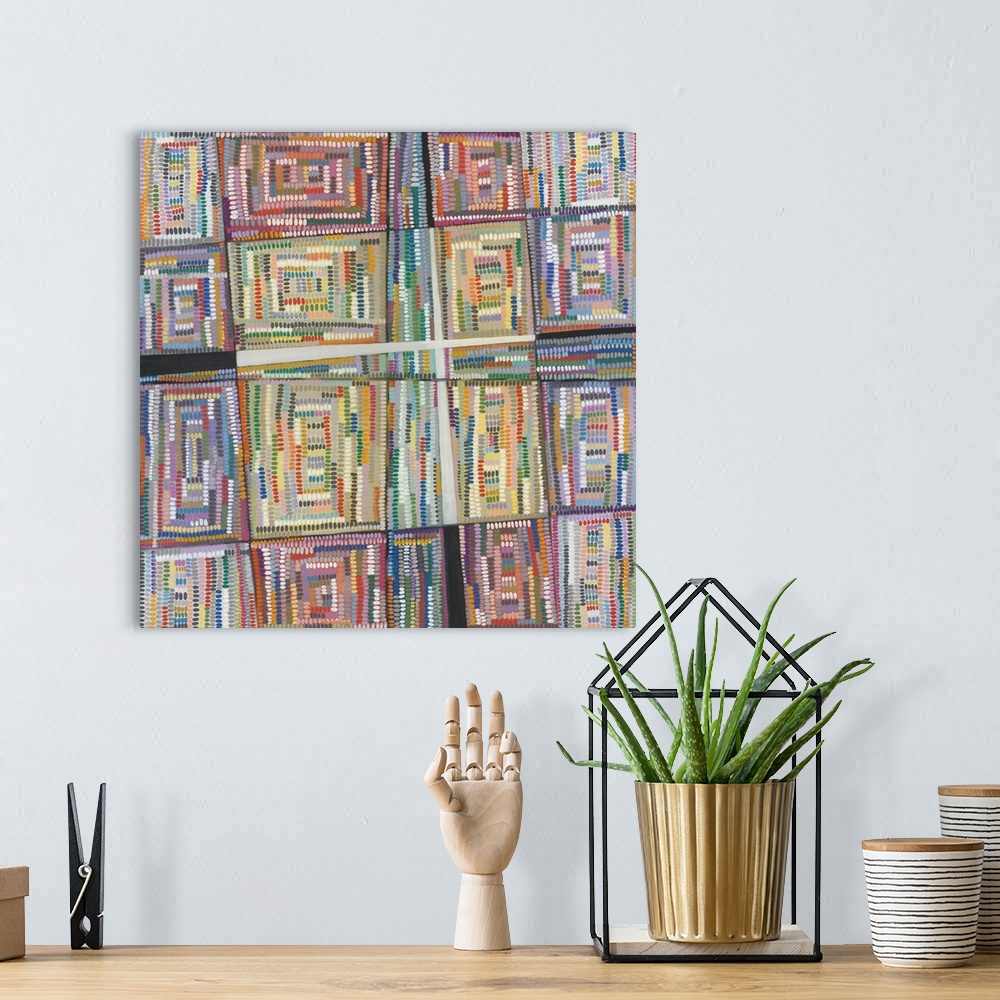 A bohemian room featuring Pointillism style abstract art in colorful tiles.