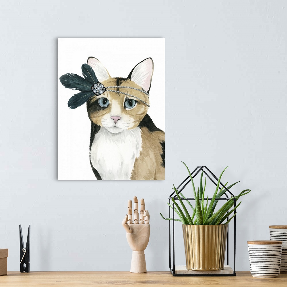 A bohemian room featuring This decorative artwork features a poised but sassy cat with the upmost diva headdress.