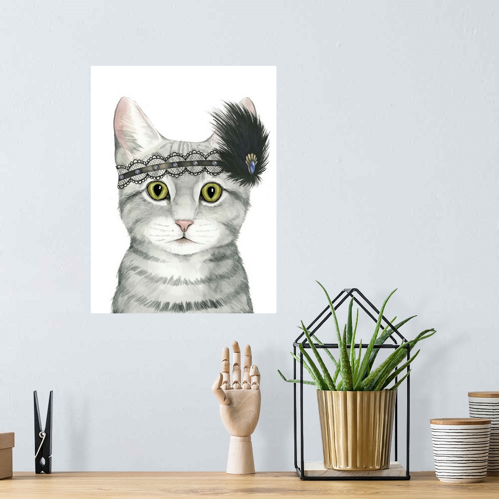 A bohemian room featuring This decorative artwork features a poised but sassy cat with the upmost diva headdress.