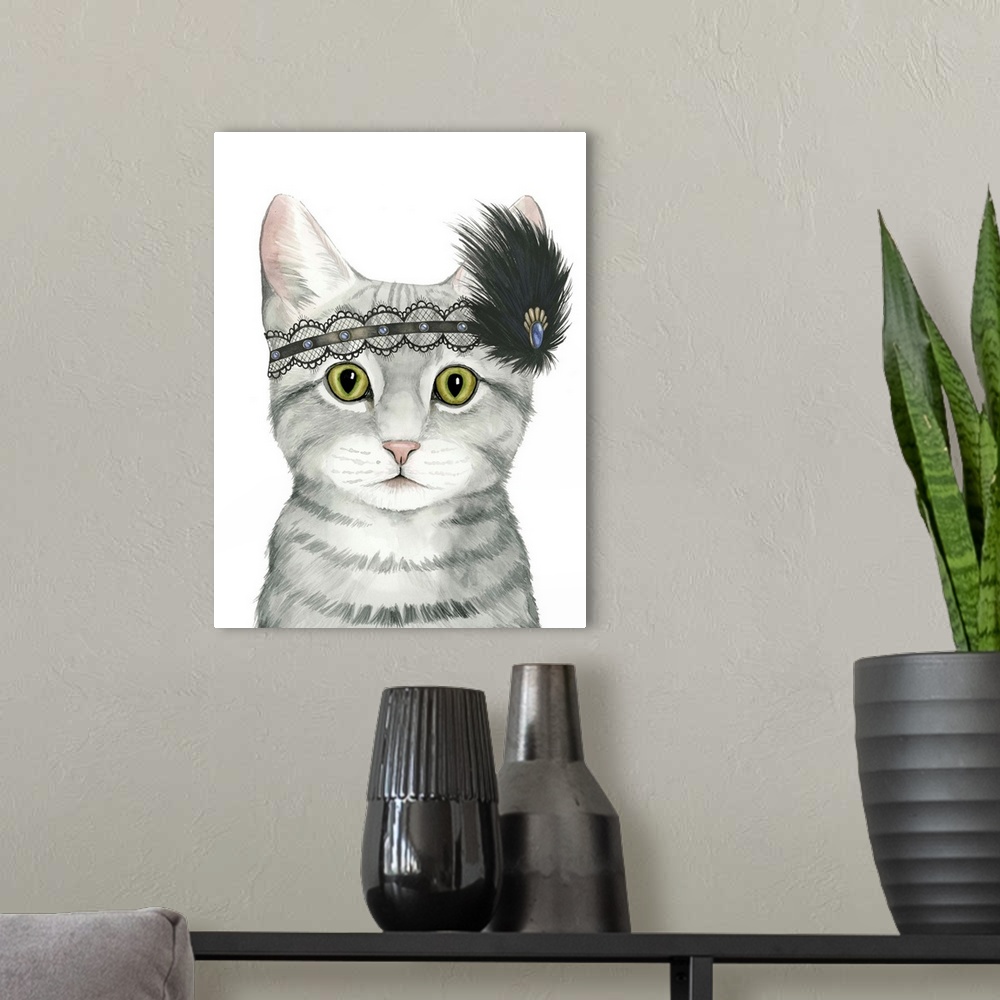 A modern room featuring This decorative artwork features a poised but sassy cat with the upmost diva headdress.