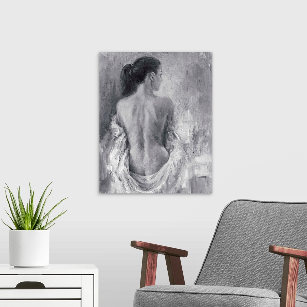 A modern room featuring Contemporary sketch of a nude female sitting with a cloth draped around her.