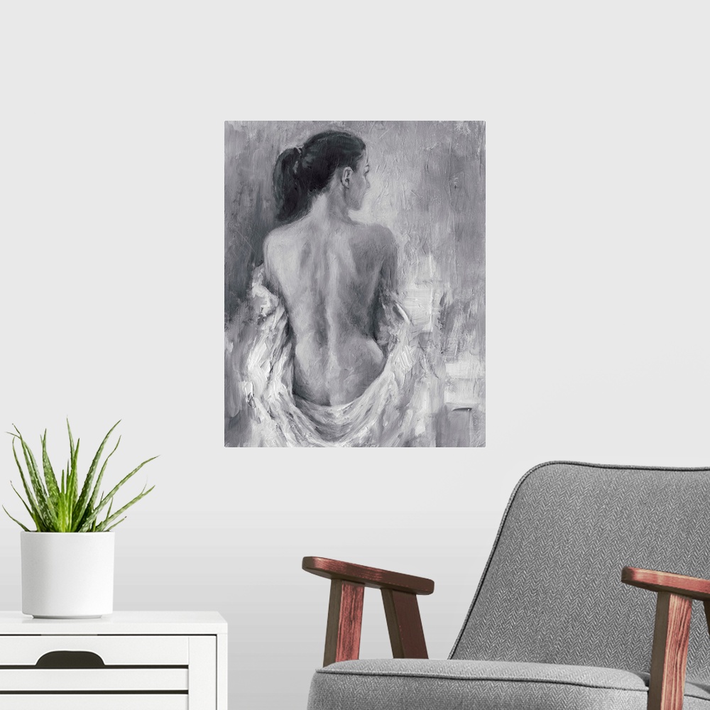 A modern room featuring Contemporary sketch of a nude female sitting with a cloth draped around her.