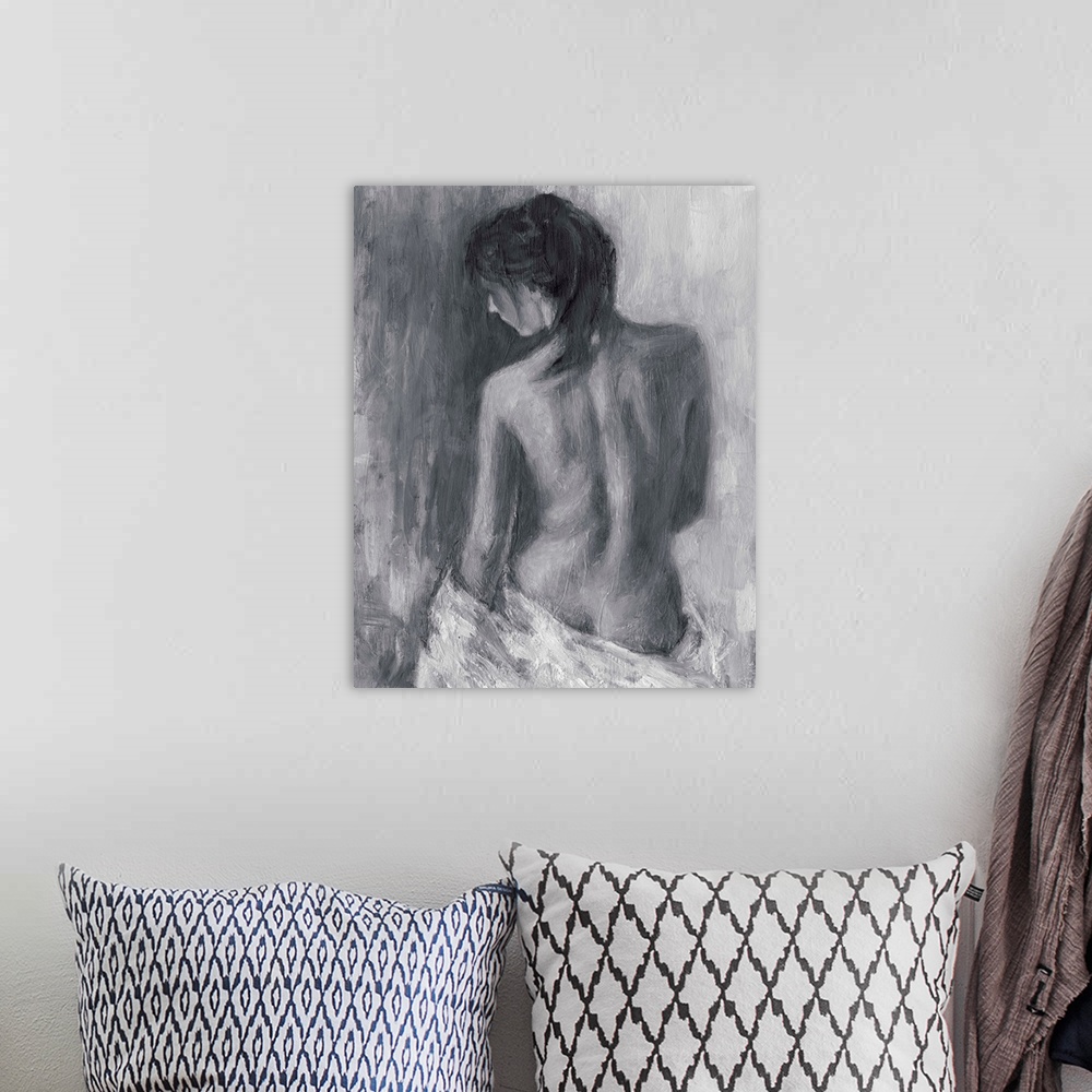 A bohemian room featuring Contemporary sketch of a nude female sitting with a cloth draped around her.