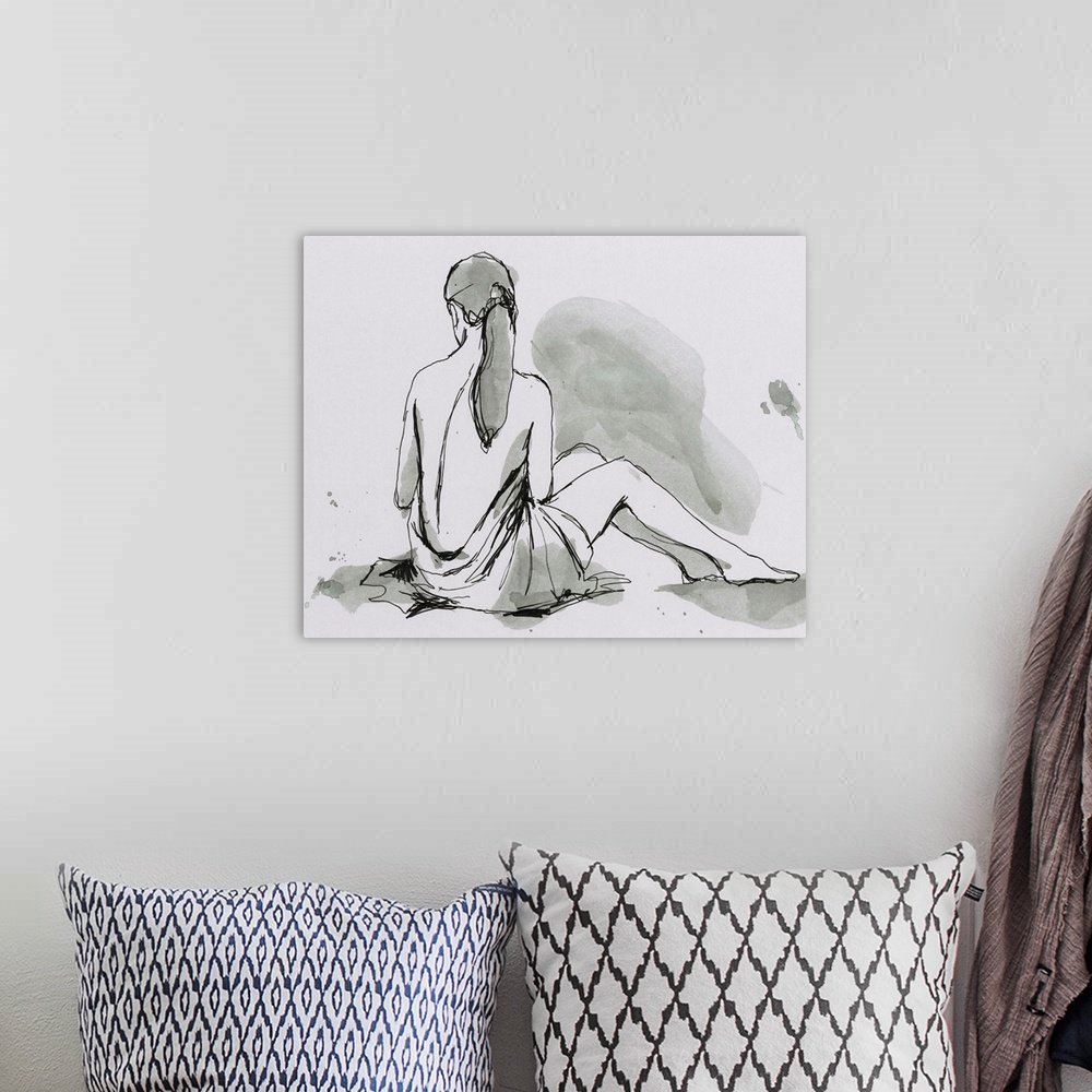 A bohemian room featuring Contemporary figurative artwork of a seated nude female draped in a sheet.