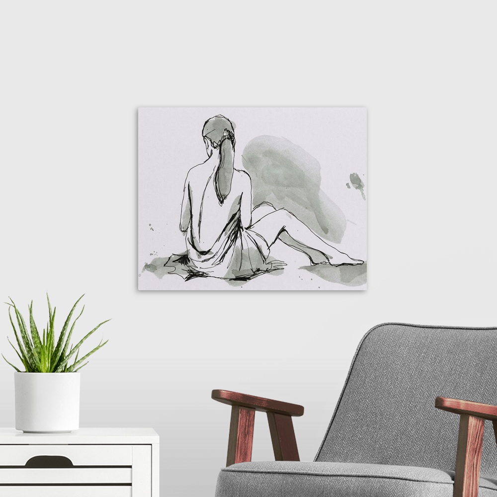 A modern room featuring Contemporary figurative artwork of a seated nude female draped in a sheet.