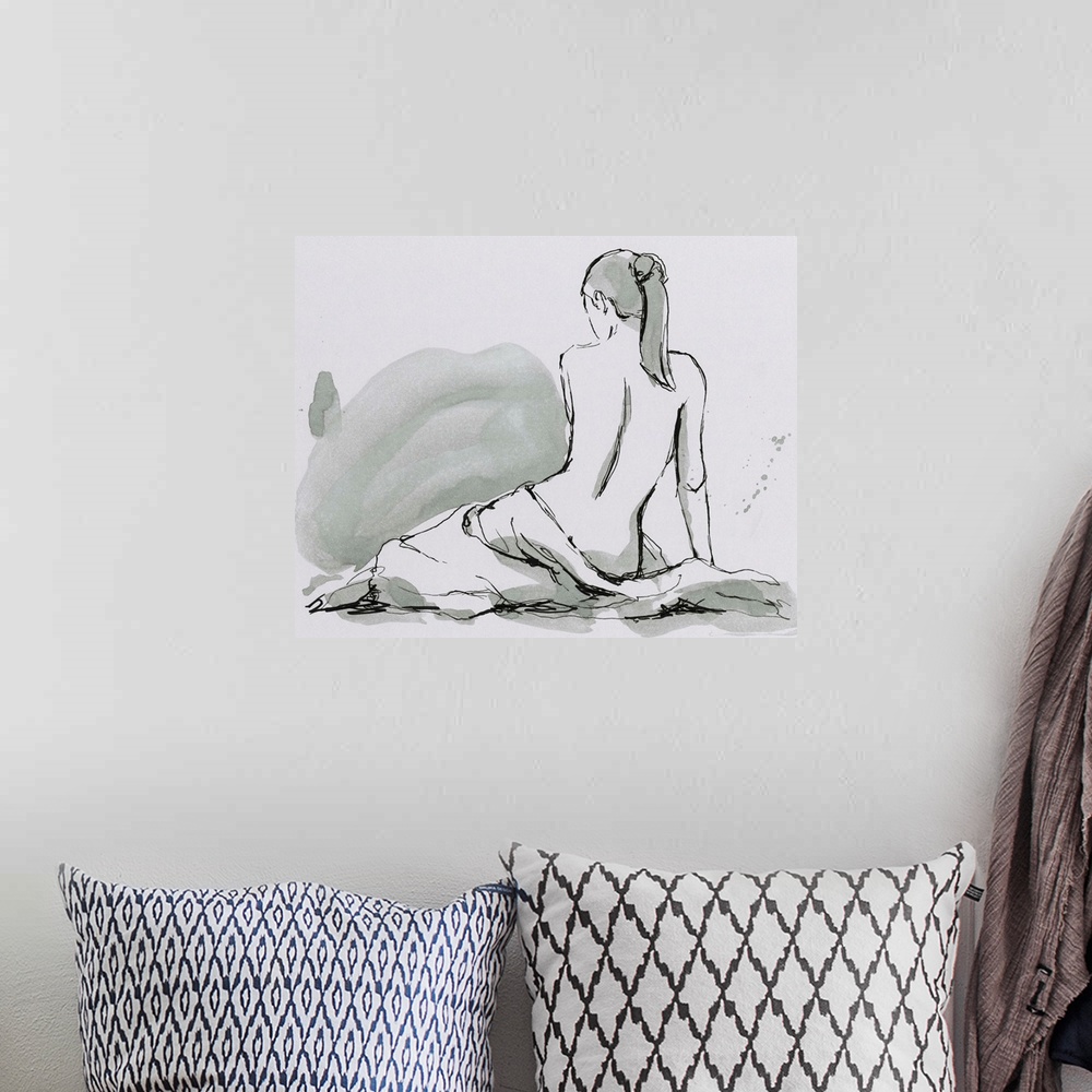 A bohemian room featuring Contemporary figurative artwork of a seated nude female draped in a sheet.