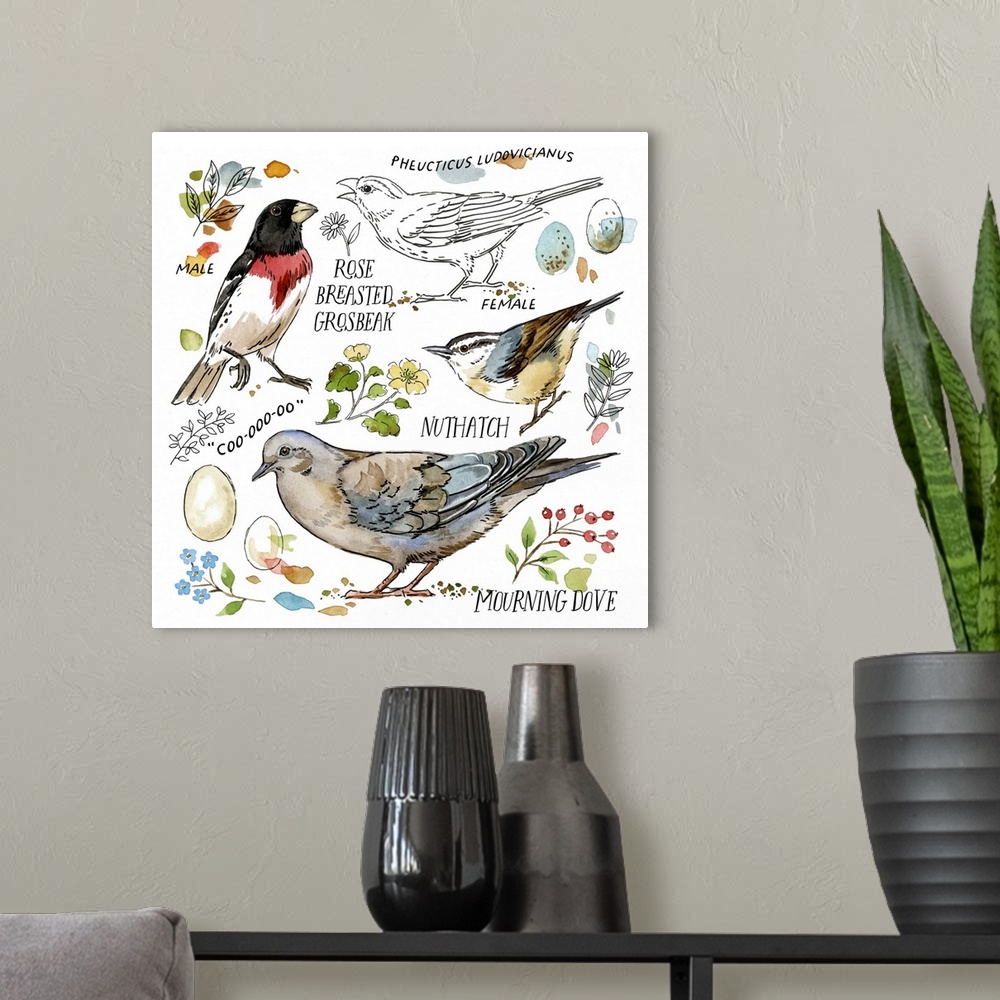 A modern room featuring Drawn To Birds V