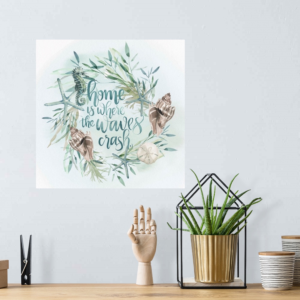 A bohemian room featuring Beach-themed wreath with text "Home is where the waves crash" in watercolor.