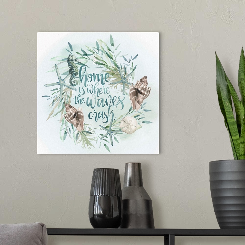 A modern room featuring Beach-themed wreath with text "Home is where the waves crash" in watercolor.