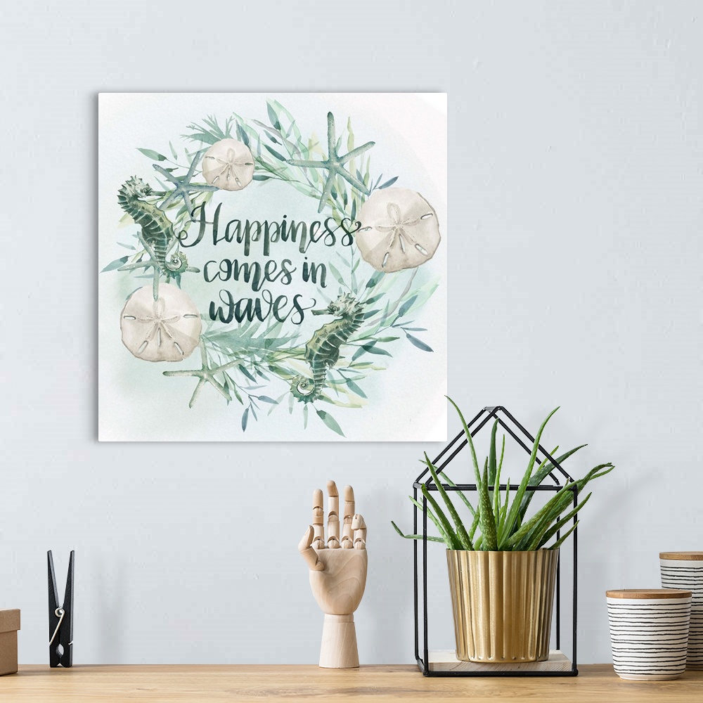 A bohemian room featuring Beach-themed wreath with text "Happiness comes in waves" in watercolor.