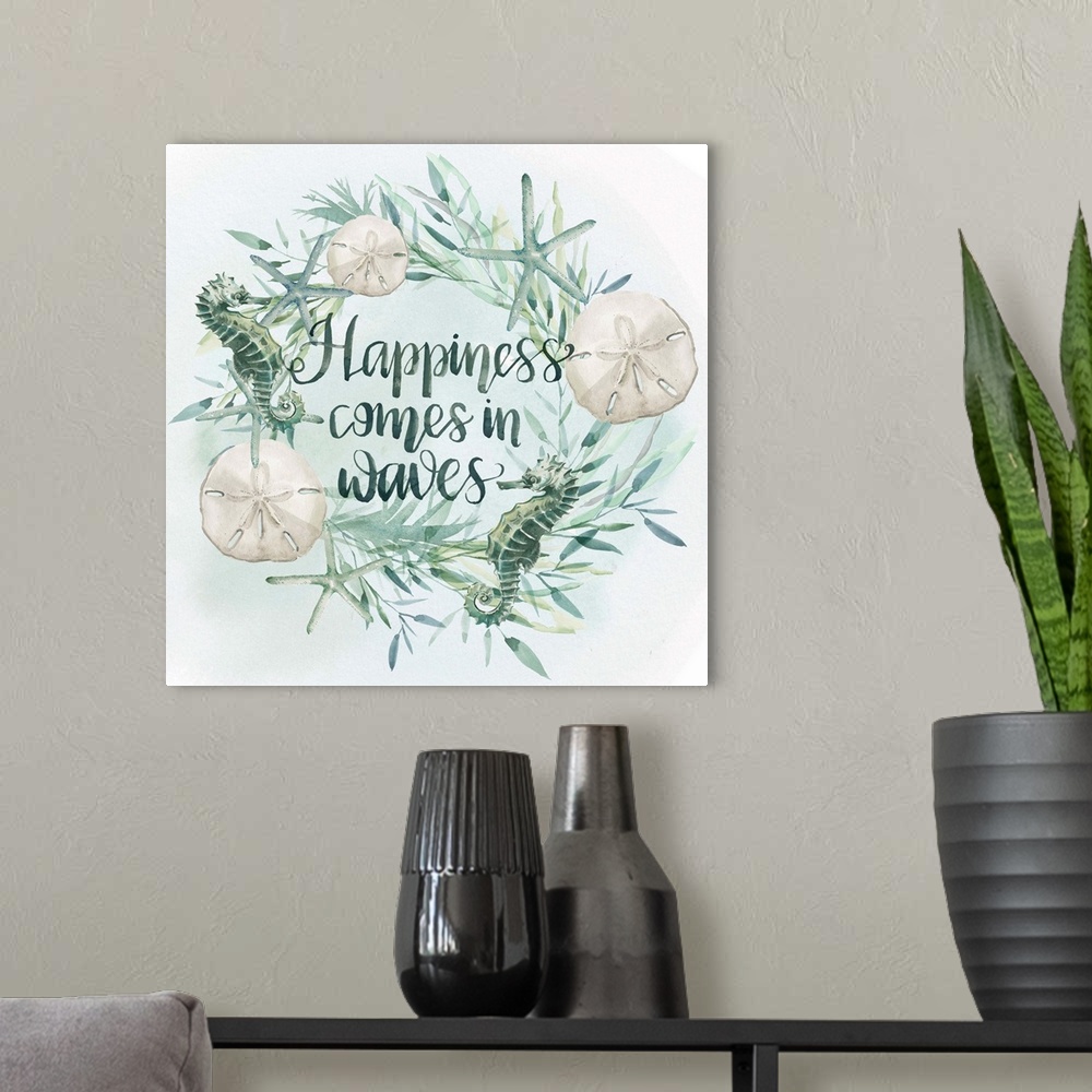 A modern room featuring Beach-themed wreath with text "Happiness comes in waves" in watercolor.