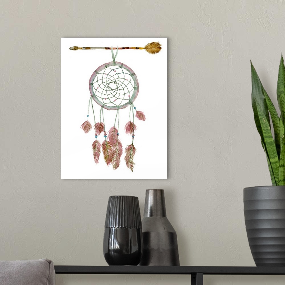 A modern room featuring Decorative painting of a dream catcher with feathers hanging from the bottom and an arrow holding...