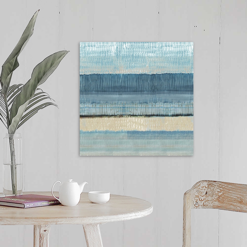 A farmhouse room featuring Textured blue abstract seascape painting