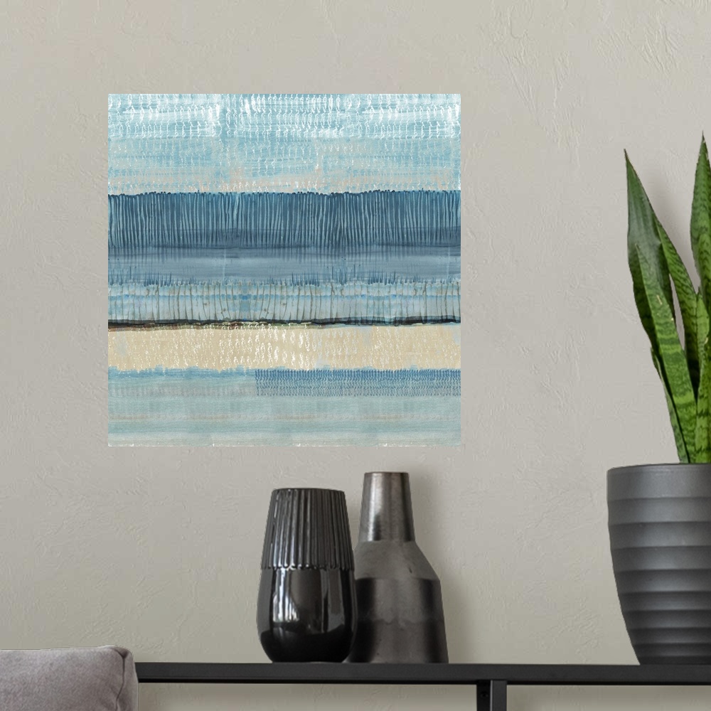 A modern room featuring Textured blue abstract seascape painting