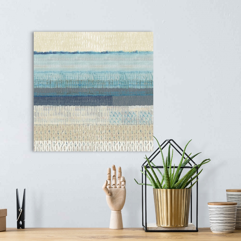 A bohemian room featuring Textured blue abstract seascape painting