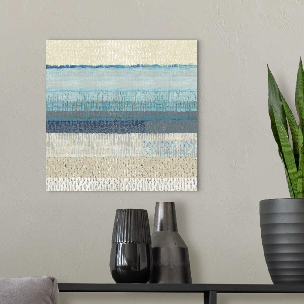 A modern room featuring Textured blue abstract seascape painting
