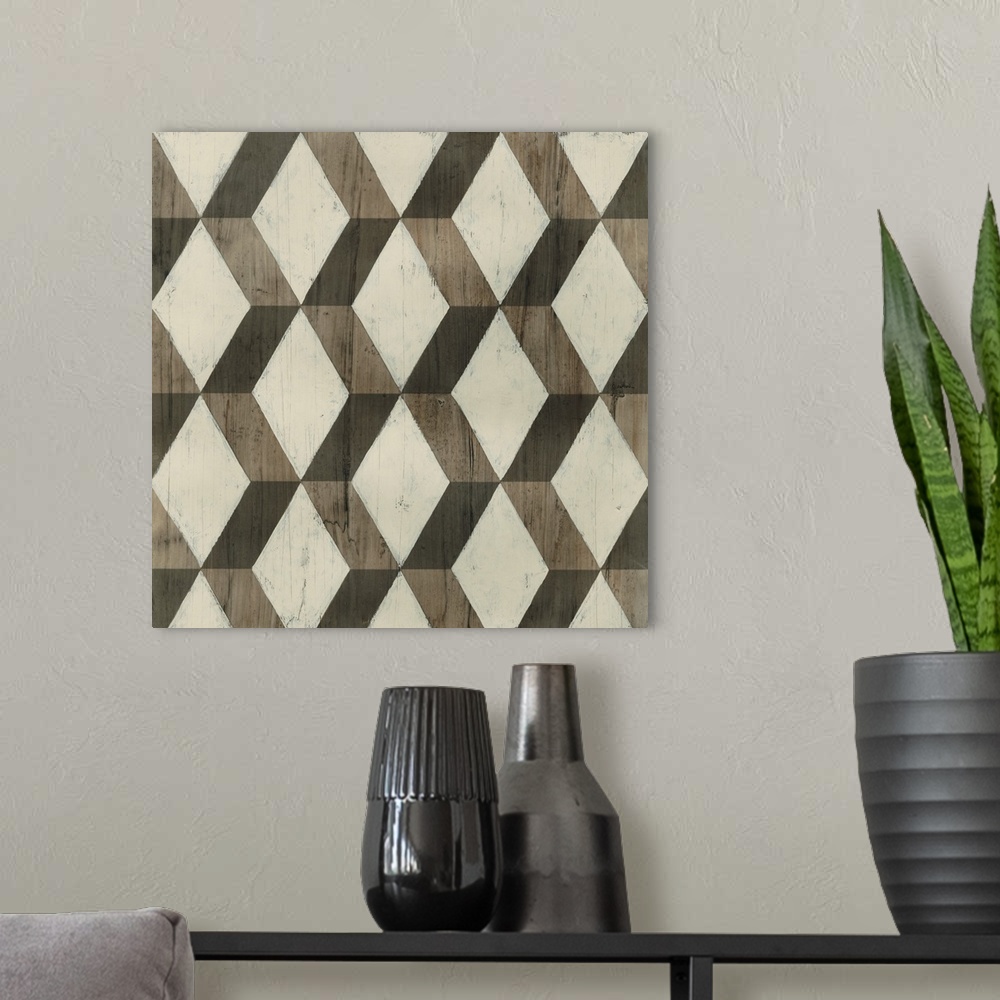 A modern room featuring Square patterned abstract art made in shades of brown.