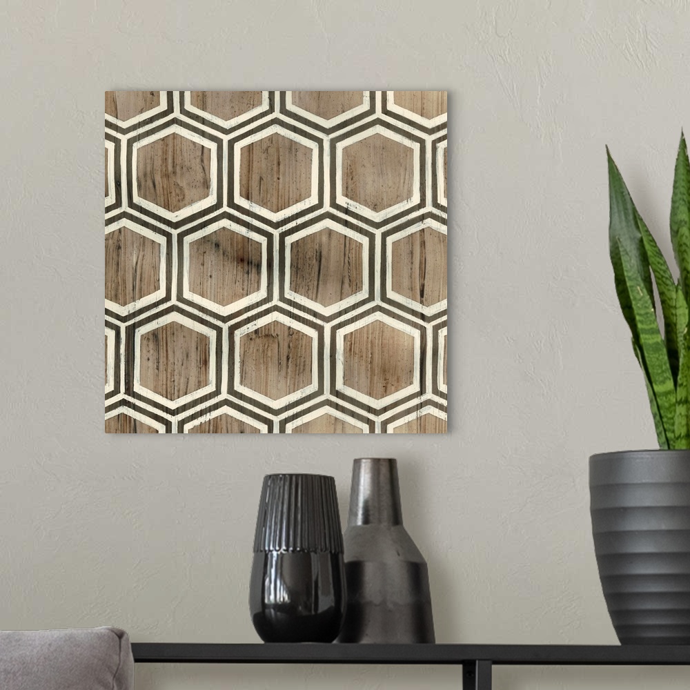 A modern room featuring Square patterned abstract art made in shades of brown.