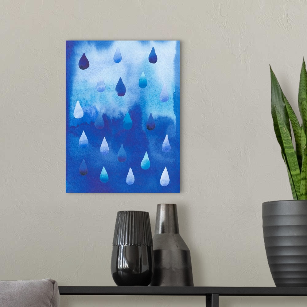 A modern room featuring This monochromatic decorative artwork features raindrops falling against a blue watercolor backgr...